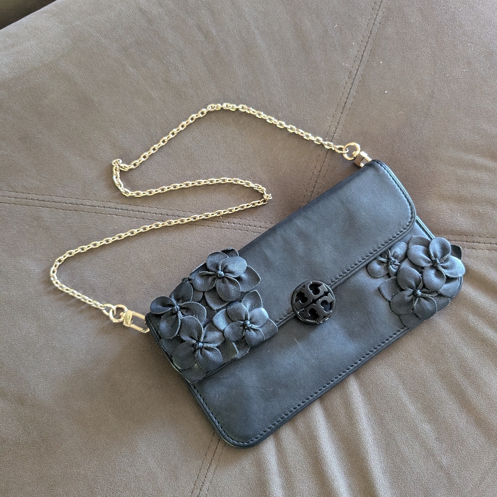 Tory Burch Black and Gold Floral Clutch